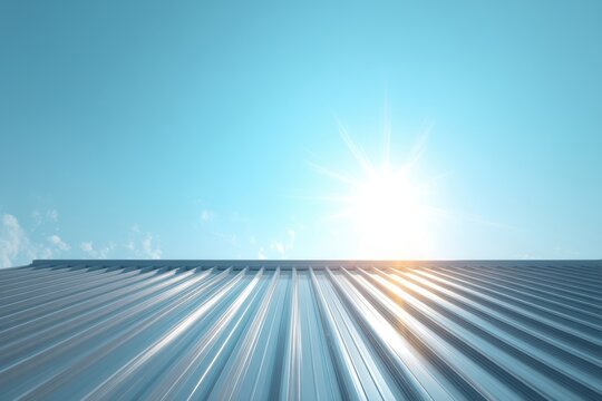 A shiny metal roof reflects sunlight under a clear blue sky, creating a modern and bright architectural scene - Powered by Adobe