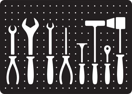 Collection of various hand tools arranged on a pegboard in a striking silhouette style
