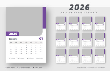 2026 wall calendar 12-page template | Editable monthly wall calendar planner layout | Week starts on Monday	