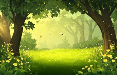 Modern illustration of forest landscape, incorporating cartoon-style elements of trees and grass