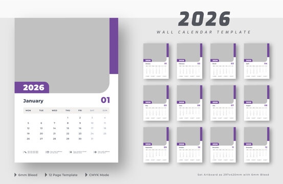 2026 wall calendar 12-page template | Editable monthly wall calendar planner layout | Week starts on Monday	