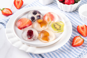 Fruit Raindrop Cake, or Mizu Shingen Mochi, clear jelly dessert