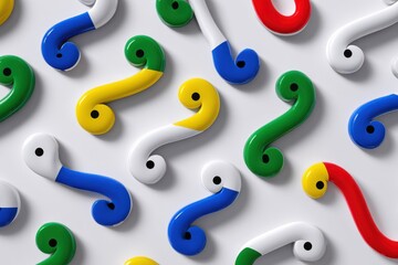 Colorful question marks create an intriguing pattern on a white background showcasing playful creativity and design innovation