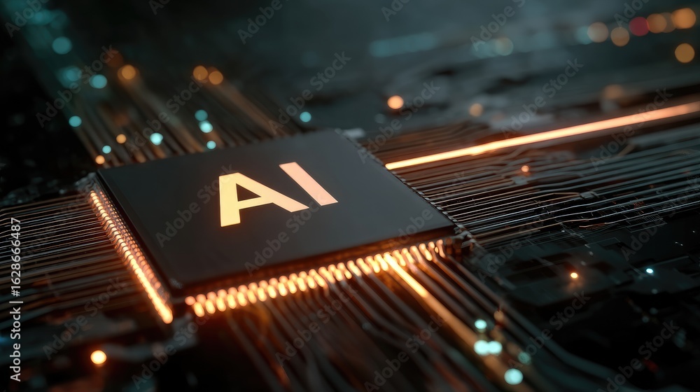 Poster orange-lit ai processor on futuristic circuit board, symbolizing artificial intelligence and smart c