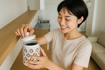 Young woman with short dark hair enjoying freshly brewed coffee from floral patterned ceramic jar in cozy home kitchen, smiling happily in bright minimalist space with white walls and wooden accents