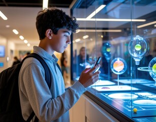 A teenage student takes a picture of a science museum exhibit using a smartphone.