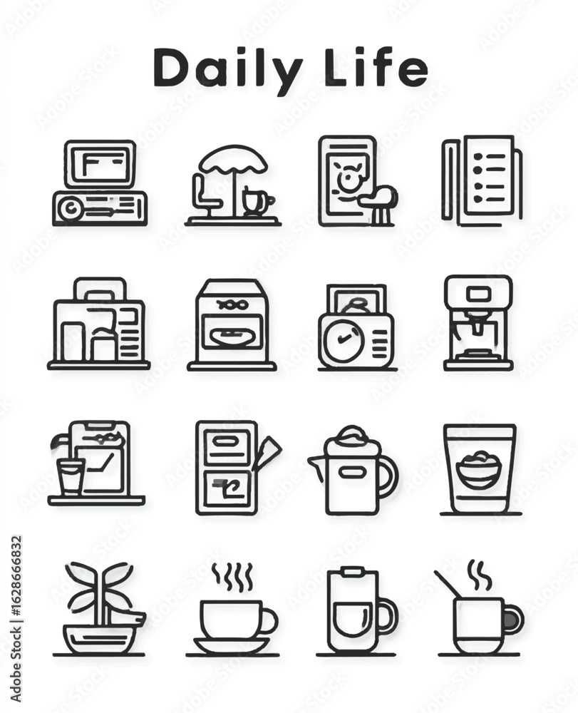 Poster daily life minimalist line icon set representing common activities and objects for modern living and