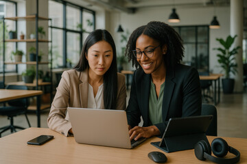 women at table with laptop.