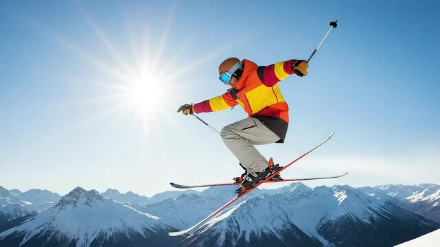 A skier soars through the bright blue sky, performing a jump over a snowy mountain