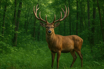 Deer standing in forest with tall grass.