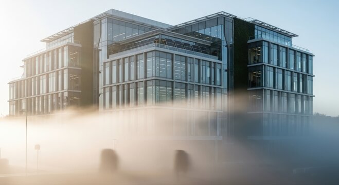 A modern building is enveloped in a thick, ethereal fog, offering a dramatic contrast of textures and a sense of mystery. The glass facade reflects the soft light, and the fog adds depth