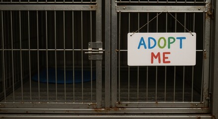 Rusty metal cage with a colorful "Adopt Me" sign hanging on the front, pet bowl visible inside, creating a compelling scene for animal rescue and adoption awareness