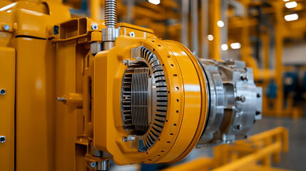 Obraz premium Industrial Machine Gearbox: Close-up of a large, yellow industrial gearbox with intricate metal components in a factory or manufacturing setting.