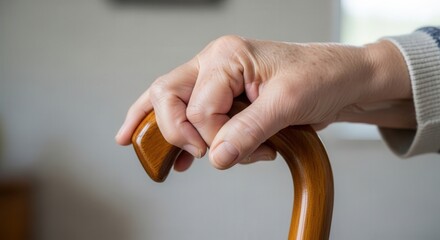 Close-up of senior person's hand gripping wooden walking cane, textured skin and delicate grip, emphasizing support, mobility, and aging with dignity in elegant indoor setting