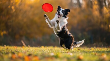 Happy border collie dog catching a red frisbee outdoors in autumn.