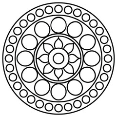 Simple Circular Mandala Outline with Floral Center, Ideal for Coloring Books, Isolated on White, Ready for Creative Applications.                     