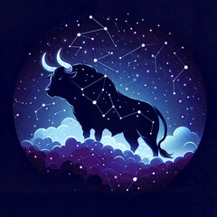 Majestic bull outlined by constellations, standing atop clouds in a cosmic scene, representing Taurus