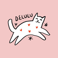Delulu Cat with Hearts Whimsical and Cute Illustration Doodle Vector Clipart