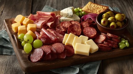 A rustic charcuterie board with assorted cheeses, cured meats, green olives, grapes, crackers, and pickled onions on a wooden table