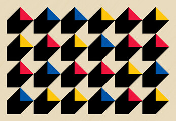 Stylized geometric layout featuring bold black shadows from vibrant red, blue, and yellow triangles. Clean symmetry and high contrast create a sharp, minimalist visual identity.