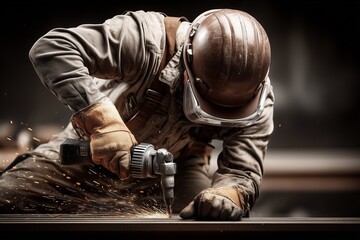 Construction Worker Drilling Metal with Sparks