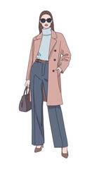 Stylish woman concept. Full body illustration of a fashionable person in a modern autumn street style outfit.