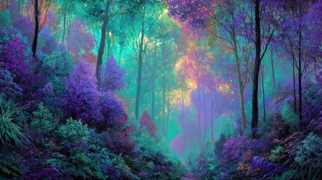 Luminous, fantastical forest scene with vibrant trees and foliage in purples and teals