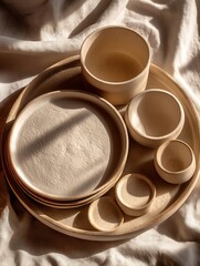 the image showcases a collection of pottery pieces arranged on a flat, shallow container