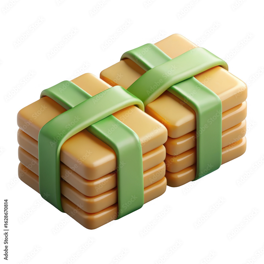 Poster Two stacks of square orange objects tied with green ribbons isolated on transparent background