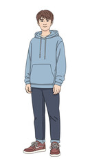 Fototapeta premium Full length illustration of a young man in casual attire, wearing a blue hoodie and sneakers, isolated on a white background