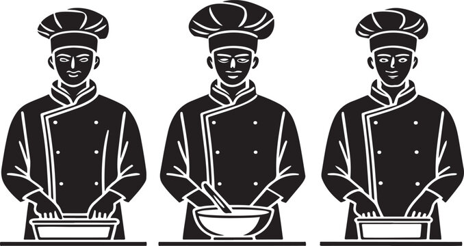 Three Chefs in Uniforms Preparing Food with Bowls and Utensils cooking baking - Powered by Adobe