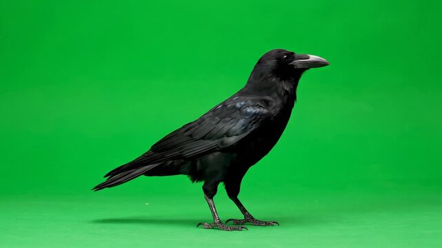 Majestic black crow walking proudly on vibrant green screen background ready for creative compositing magic and storytelling