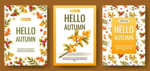 Three vector templates with the inscription Hello Autumn. Images with autumn leaves, mountain ash berries, and fruits in warm autumn colors on a light background. The frames frame the text.