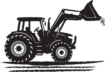Detailed Black and White Silhouette of Tractor with Front Loader in Action on Isolated White Background