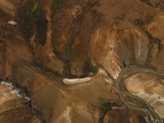Aerial View of Multicolored Rhyolite Hills in Landmannalaugar, Iceland