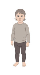 Fototapeta premium Adorable toddler with blue eyes standing barefoot. A full-body character illustration isolated on a white background.