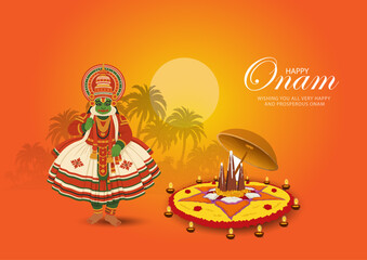 Colorful Onam Festival Illustration with Kathakali Dancer and Pookalam Decoration