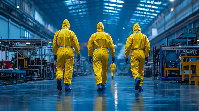 Workers in protective suits walk through a factory, facing away from the viewer, their yellow suits a bright contrast to the blue tones of the interior.