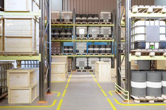 Industrial warehouse with shelves full of barrels, IBC containers, and wooden crates for storage and distribution, logistics, storage, supply chain, 3d image.