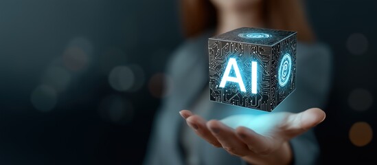 Faceless woman offering glowing cube icon with "AI" letters and rotating circuits inside, artificial intelligence agent as modular service concept