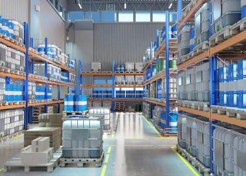 Industrial warehouse interior with blue barrels, IBC containers, and pallets organized on metal racks, logistics, storage, distribution, supply chain, 3d image.