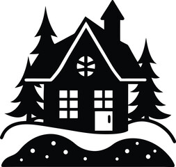 Naklejka premium black silhouette snow covered house on white backg.eps