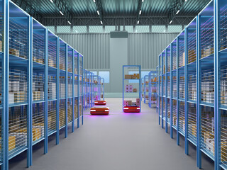 Autonomous robots moving smart shelves inside a high-tech warehouse with metal racks and packages,...