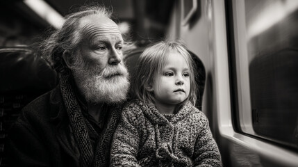 A black and white portrait of an elderly man and a young girl sitting near a train window together