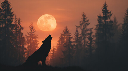 Silhouette of a wolf howling at the full moon in a dark forest at sunset with orange sky view