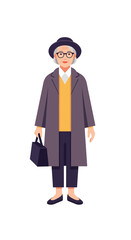 Stylish elderly woman character standing in a fashionable overcoat and hat. Isolated vector illustration of a modern senior citizen.