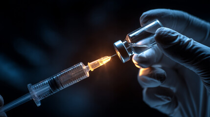 A gloved hand drawing liquid from a vial with a syringe under dramatic lighting conditions in dark room