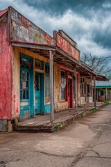 Obraz premium Weathered storefronts with vibrant doors stand empty along a quiet street. The faded colors and peeling paint suggest a rich history, while dark clouds loom above, enhancing the desolate atmosphere