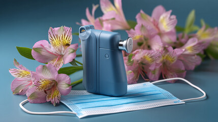 Blue medical device on a face mask surrounded by pink flowers on a blue background still life shot