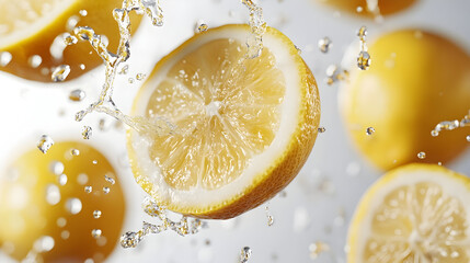 Fresh sliced lemons suspended in air with water splashes for refreshing summer design
